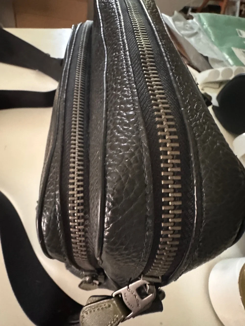 Coach Black Pebbled Leather Messenger Crossbody with Green Accent Tag